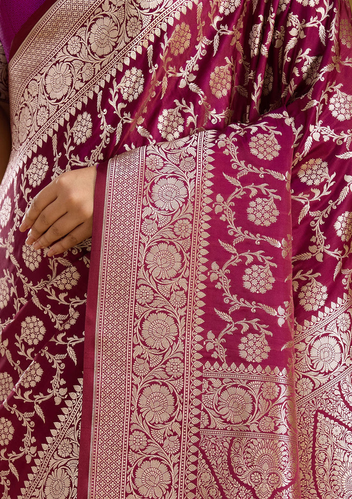 Wine Zariwork (Gold) Satin Silk Saree