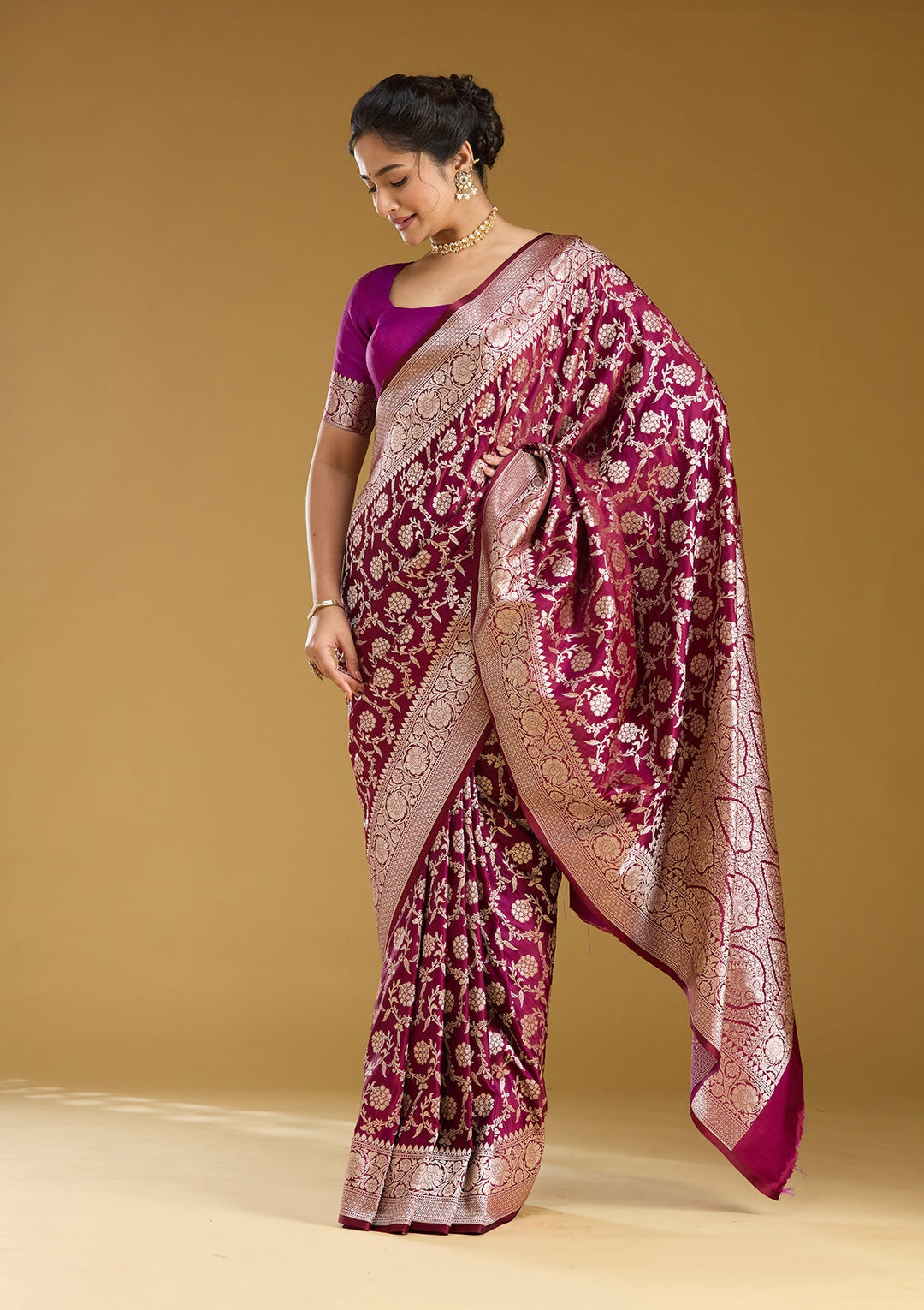 Wine Zariwork (Gold) Satin Silk Saree