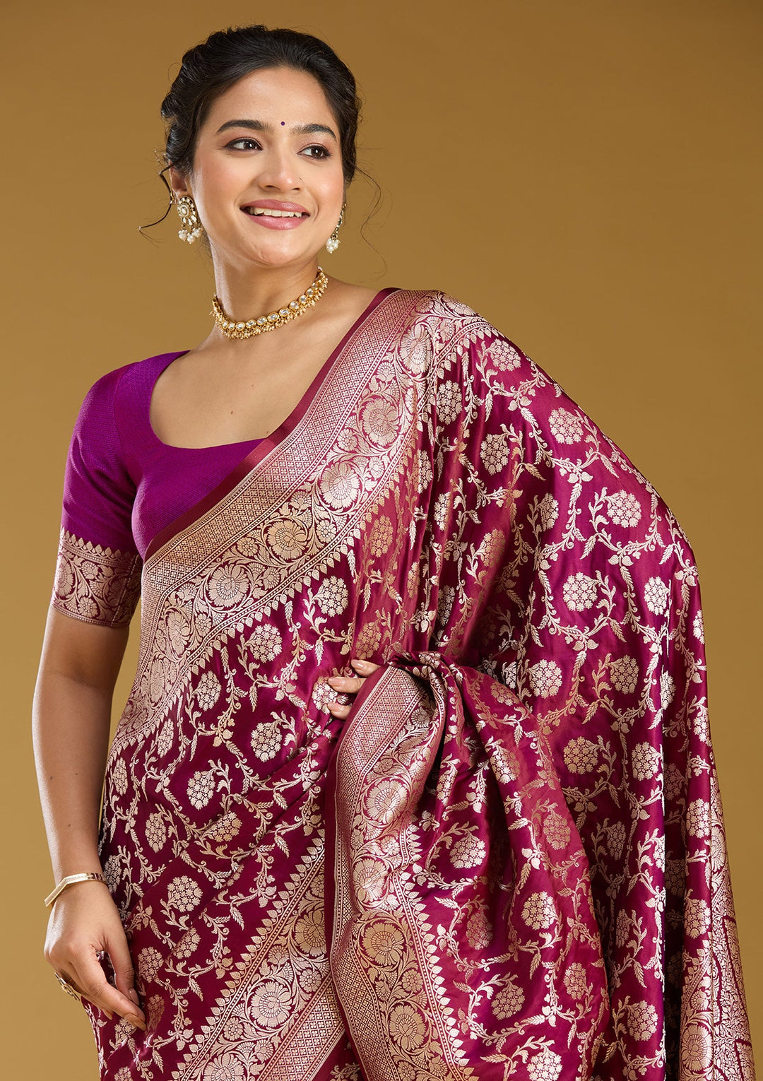 Wine Zariwork (Gold) Satin Silk Saree