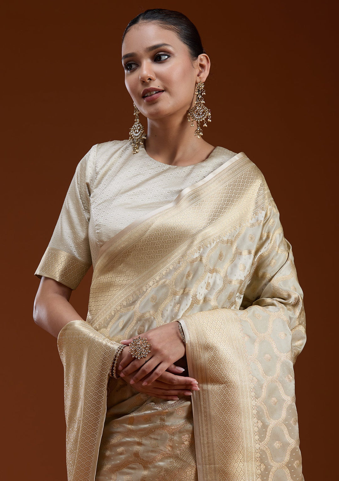 Beige Zariwork (Gold) Silk Saree-koskii