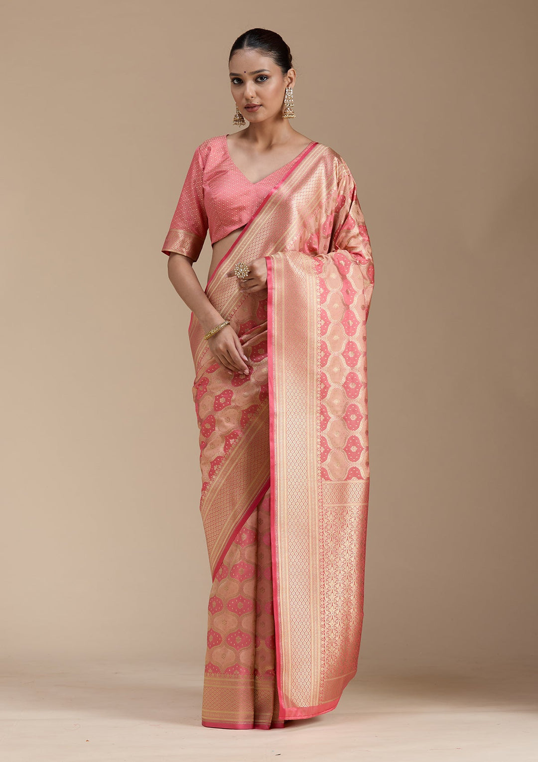 Peach Zariwork (Gold) Silk Saree-koskii