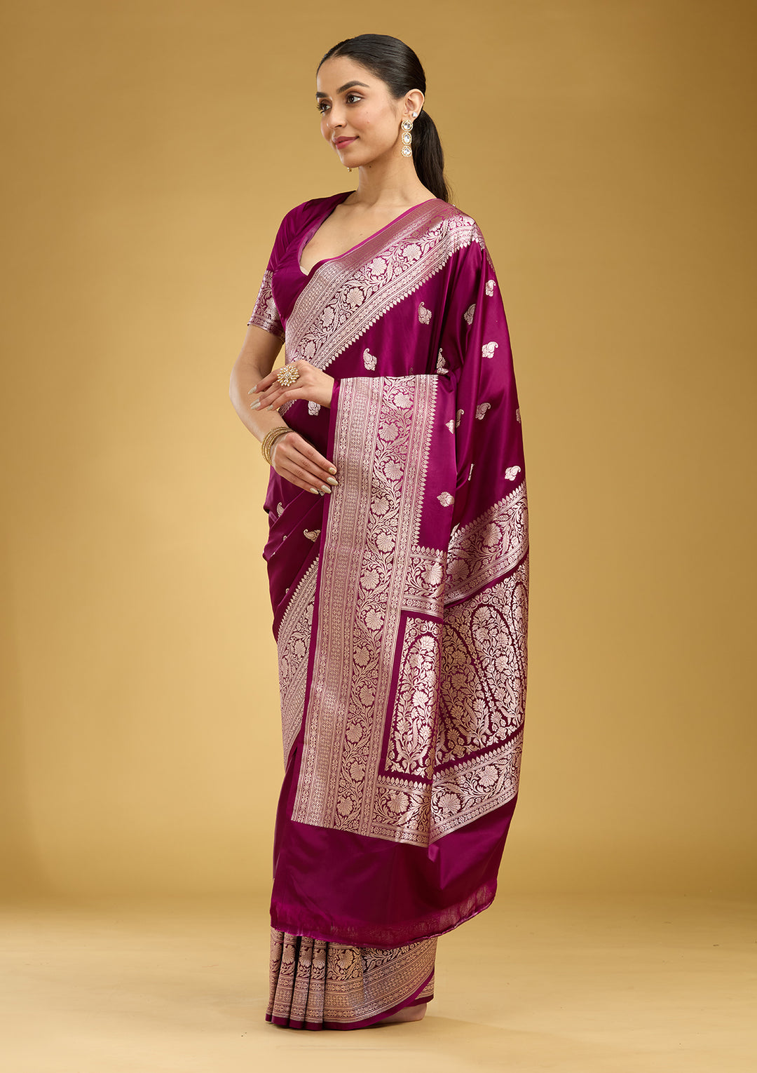 Magenta Pink Zariwork (Gold) Satin Silk Saree