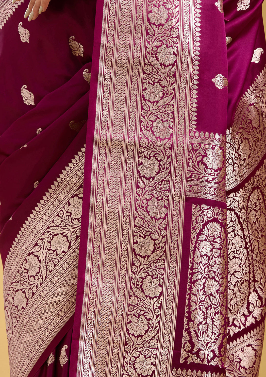 Magenta Pink Zariwork (Gold) Satin Silk Saree