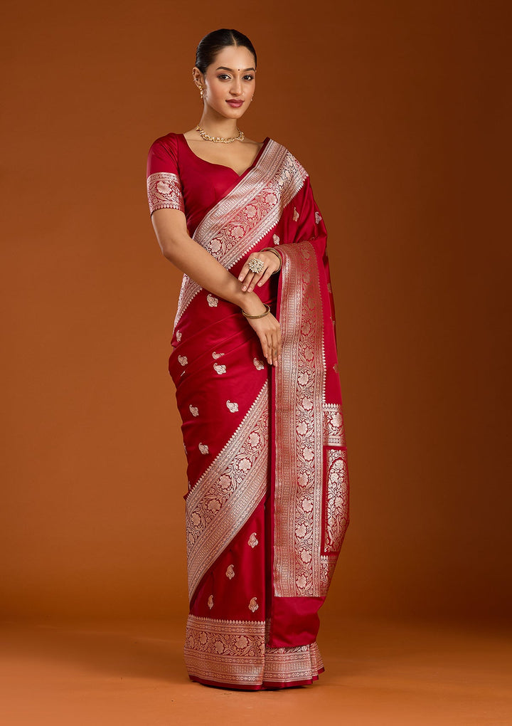 Maroon Zariwork (Gold) Satin Silk Saree-Koskii