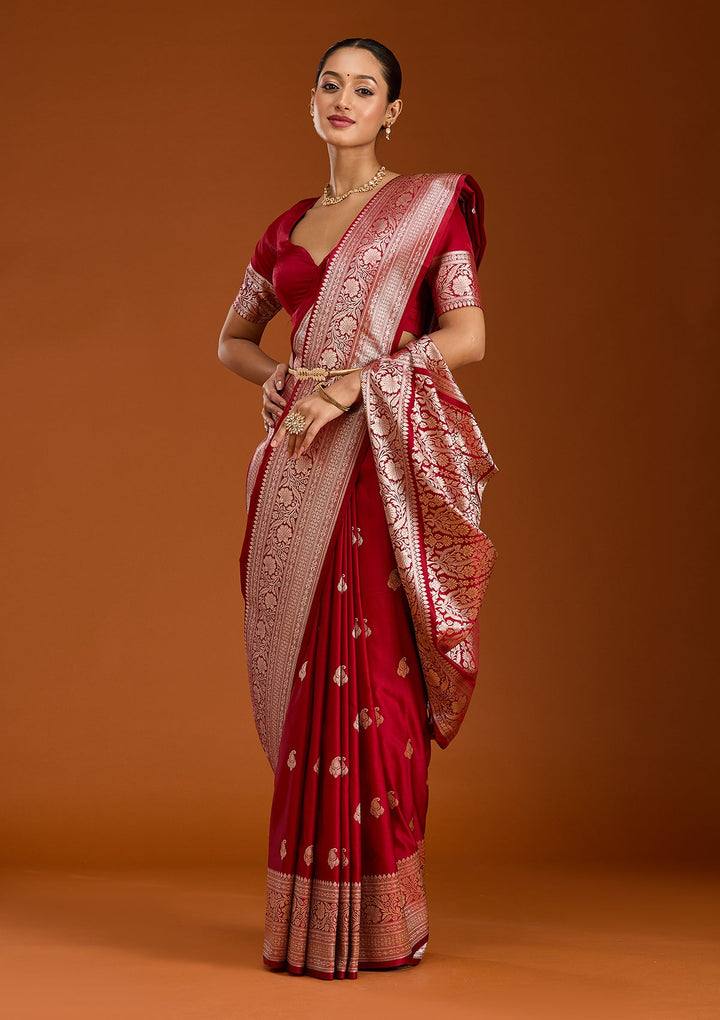 Maroon Zariwork (Gold) Satin Silk Saree-Koskii
