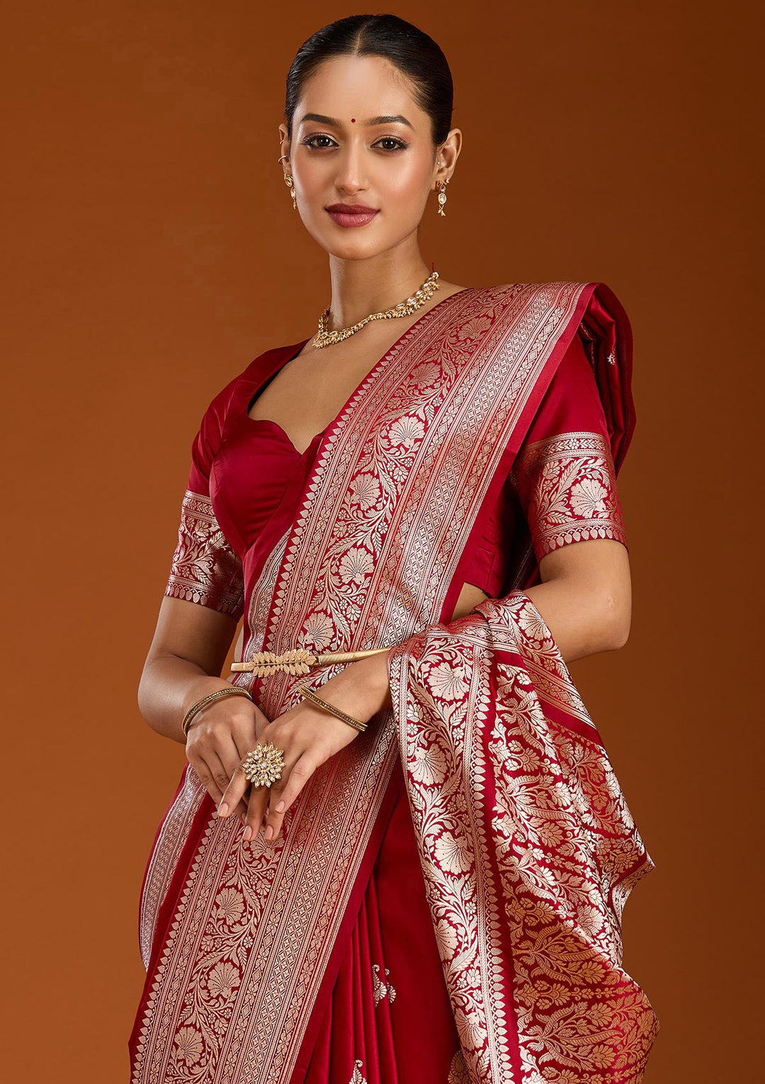 Maroon Zariwork (Gold) Satin Silk Saree-Koskii