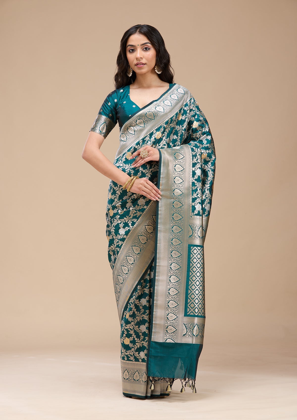 Peacock Blue Zariwork (Gold) Banarasi Silk Saree-koskii