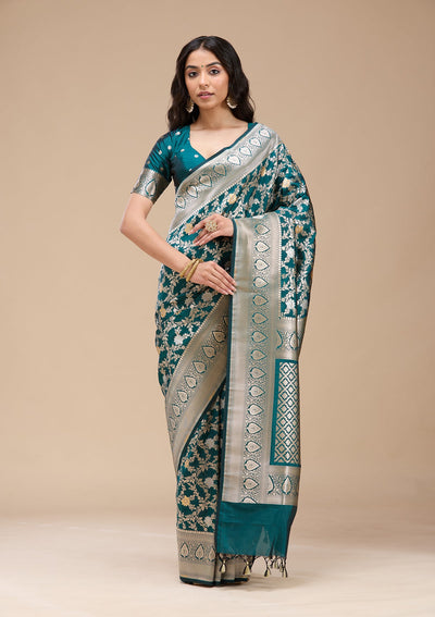 Peacock Blue Zariwork (Gold) Banarasi Silk Saree-koskii