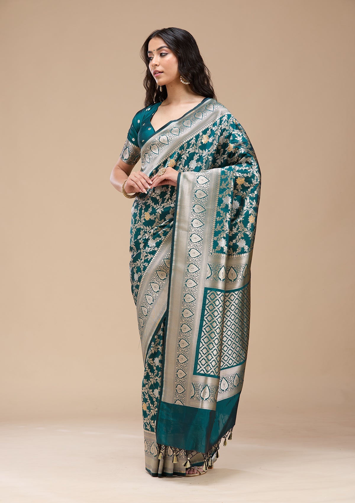 Peacock Blue Zariwork (Gold) Banarasi Silk Saree-koskii