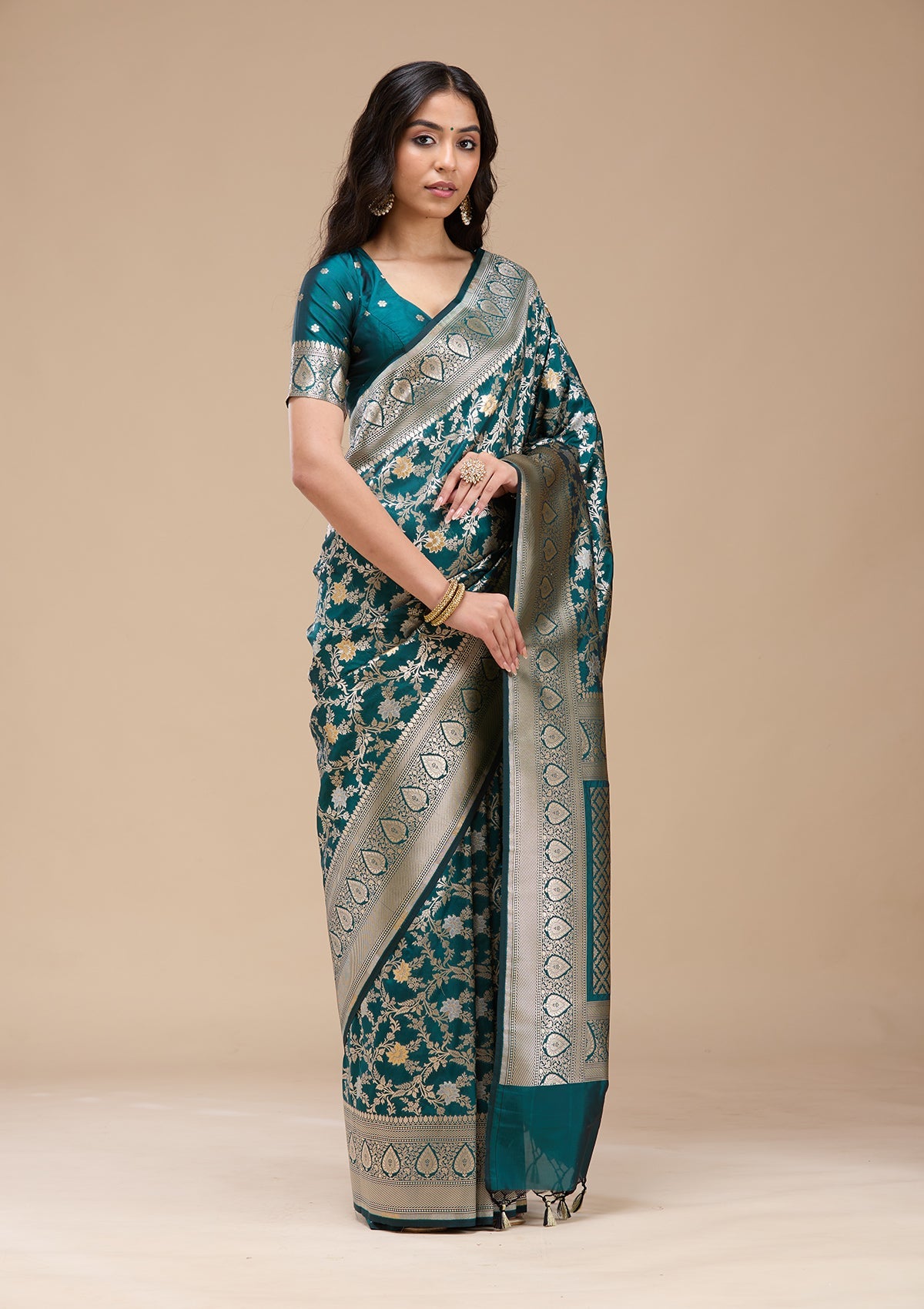 Peacock Blue Zariwork (Gold) Banarasi Silk Saree-koskii