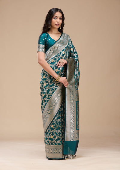 Peacock Blue Zariwork (Gold) Banarasi Silk Saree-koskii