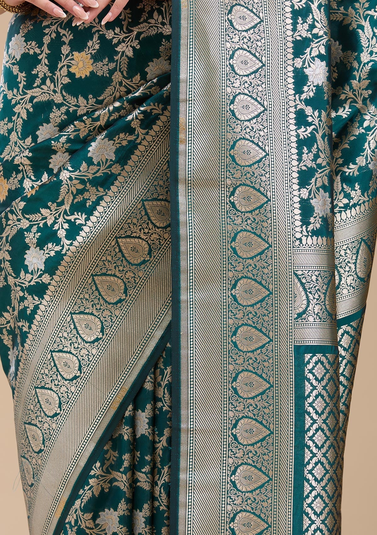 Peacock Blue Zariwork (Gold) Banarasi Silk Saree-koskii