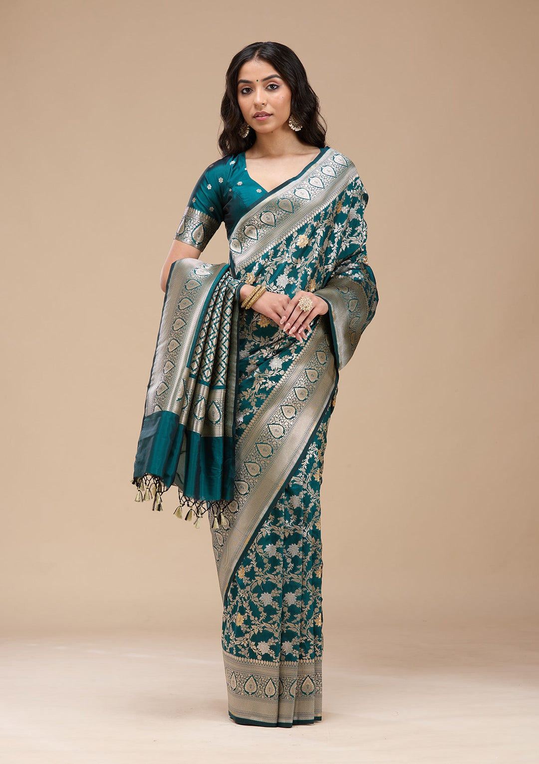 Peacock Blue Zariwork (Gold) Banarasi Silk Saree-koskii