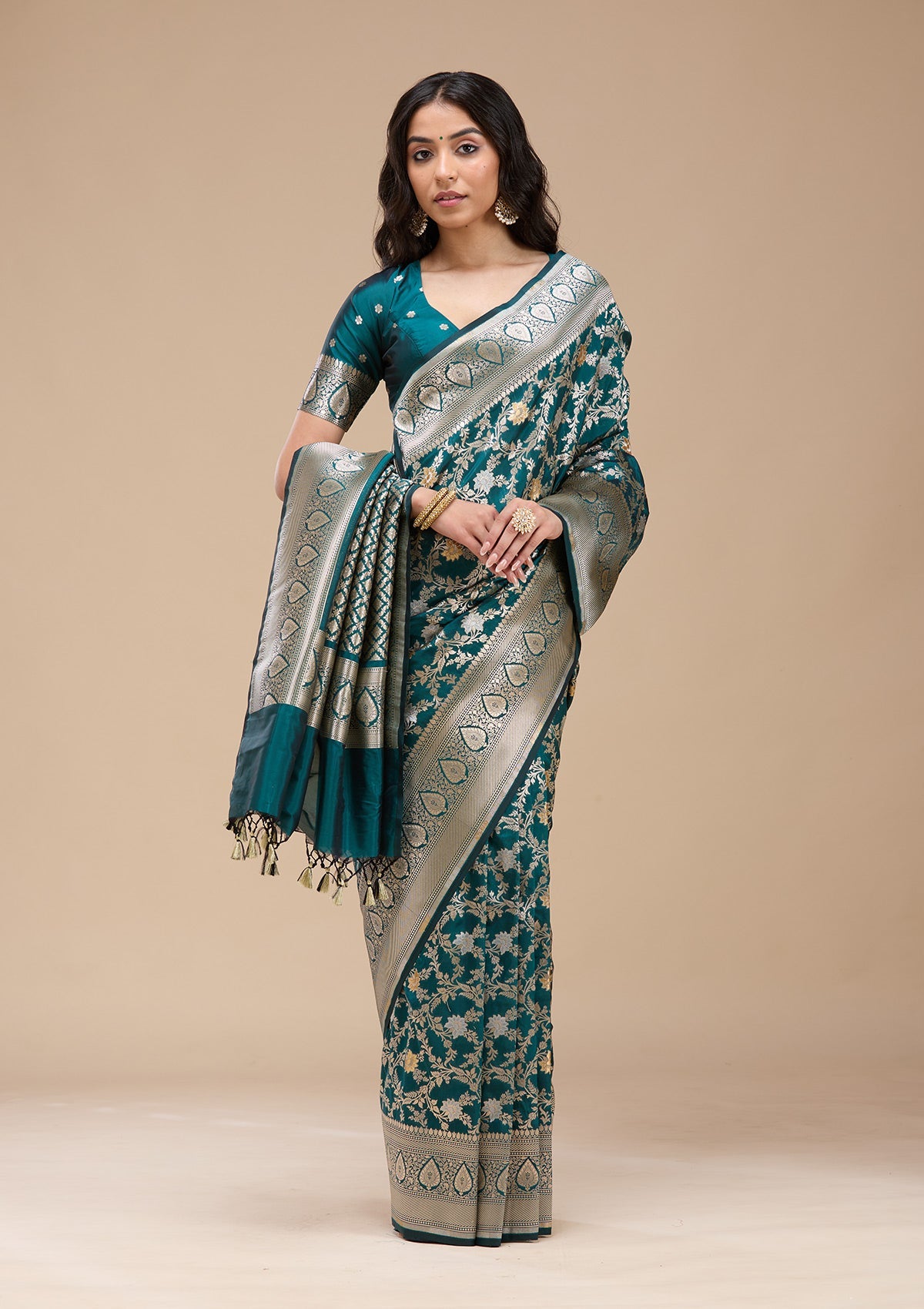 Peacock Blue Zariwork (Gold) Banarasi Silk Saree-koskii
