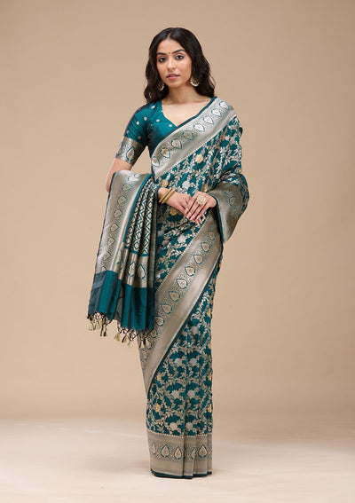 Peacock Blue Zariwork (Gold) Banarasi Silk Saree-koskii
