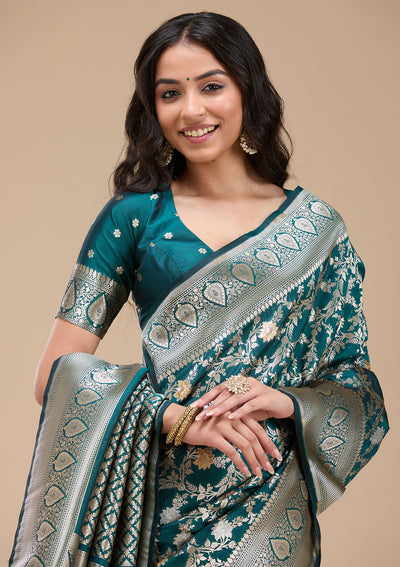 Peacock Blue Zariwork (Gold) Banarasi Silk Saree-koskii