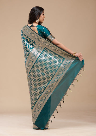 Peacock Blue Zariwork (Gold) Banarasi Silk Saree-koskii