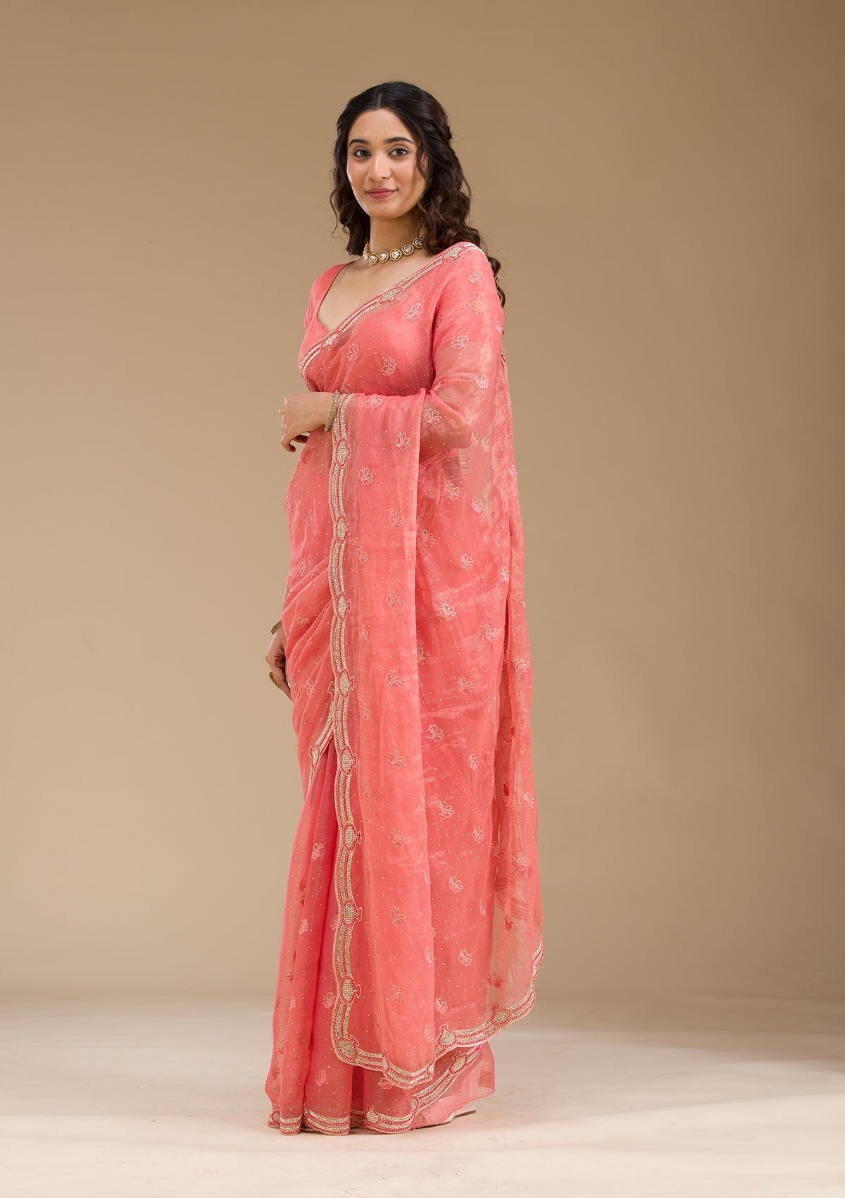 Peach Stonework Tissue Saree-Koskii