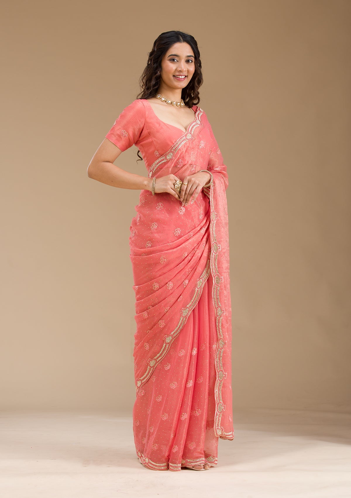 Peach Stonework Tissue Saree-Koskii