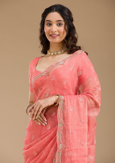 Peach Stonework Tissue Saree-Koskii