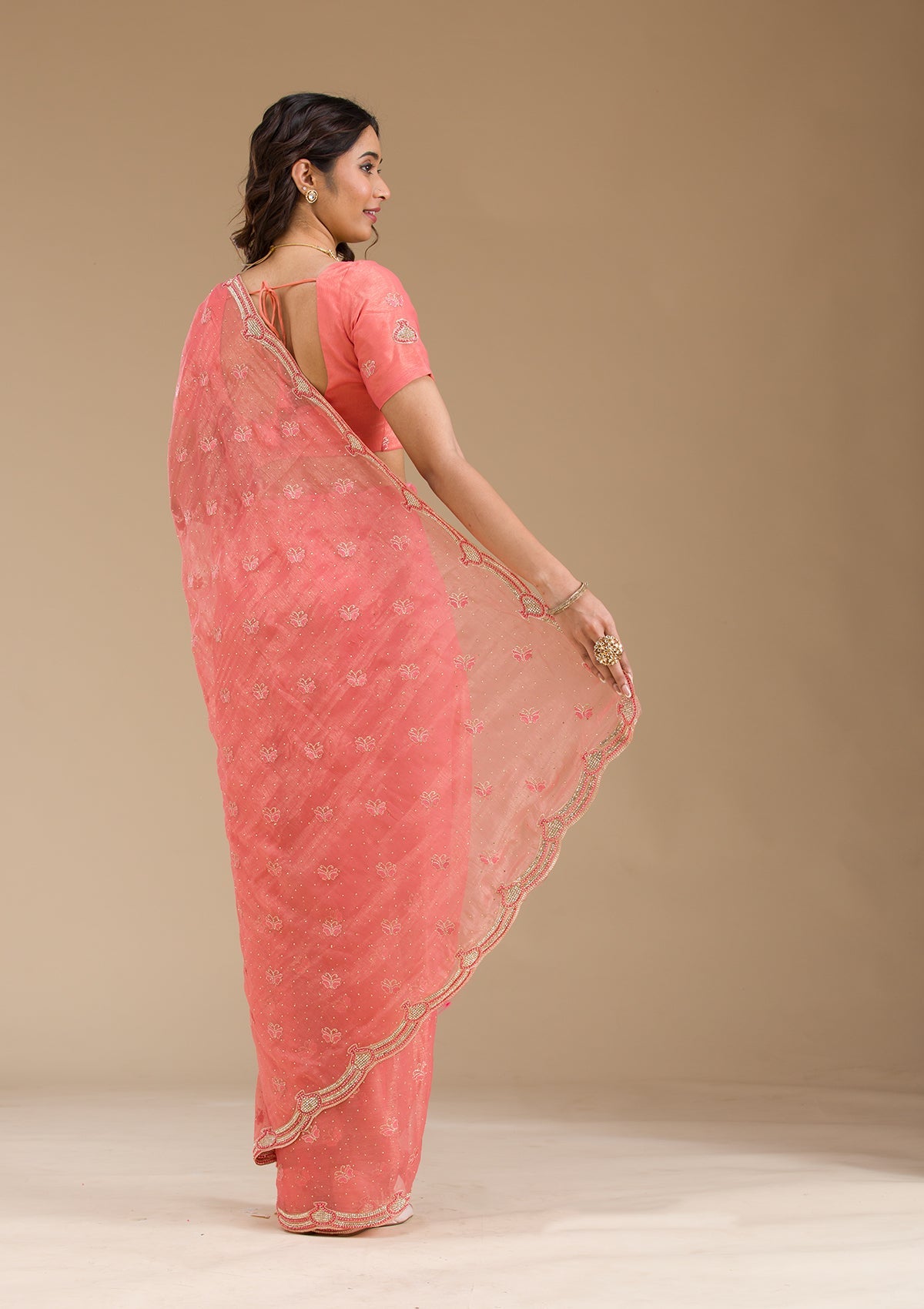 Peach Stonework Tissue Saree-Koskii