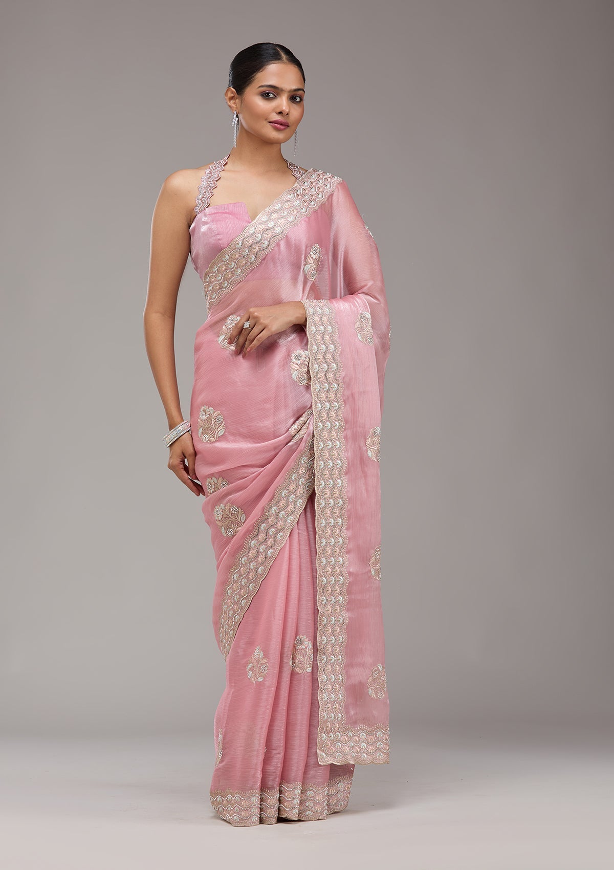 Baby Pink Zariwork Tissue Saree-Koskii