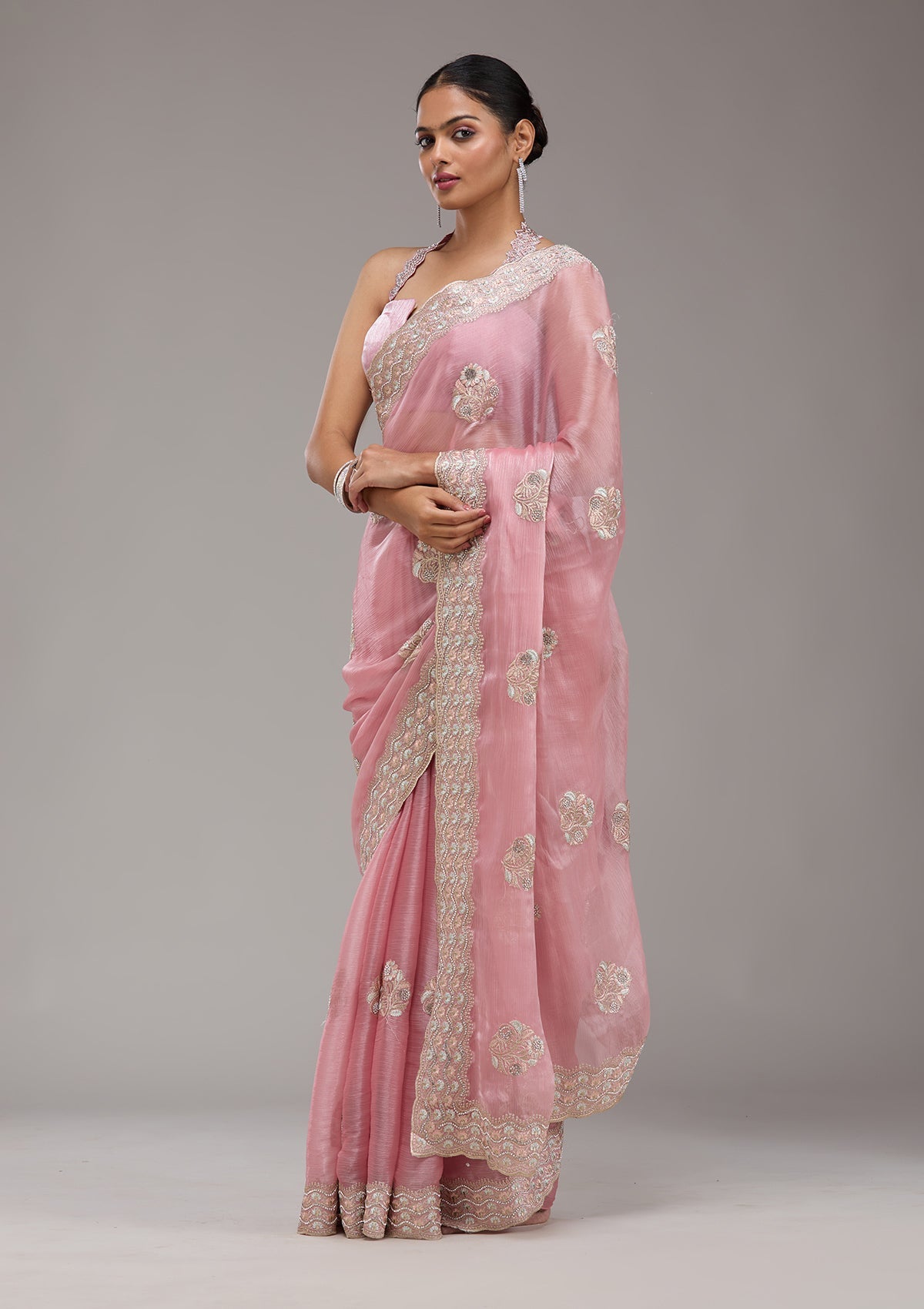 Baby Pink Zariwork Tissue Saree-Koskii