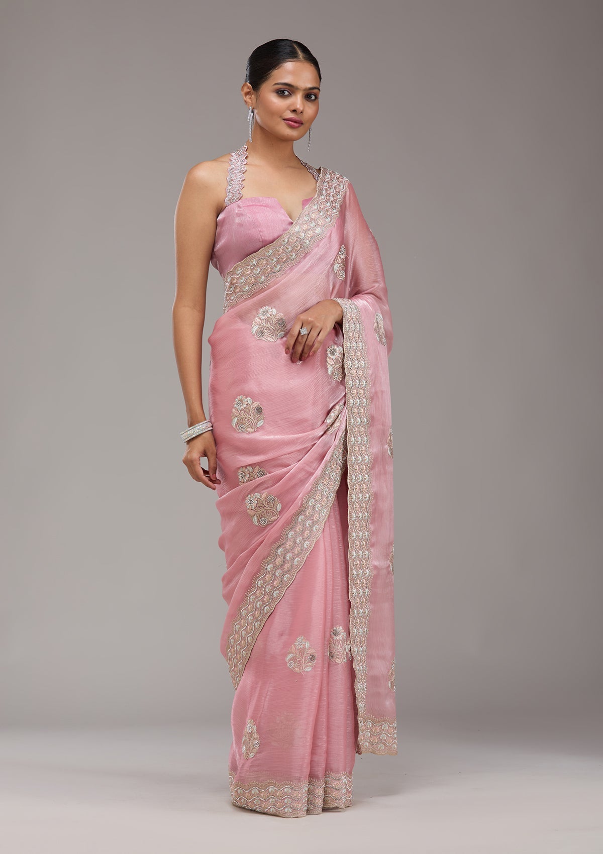 Baby Pink Zariwork Tissue Saree-Koskii