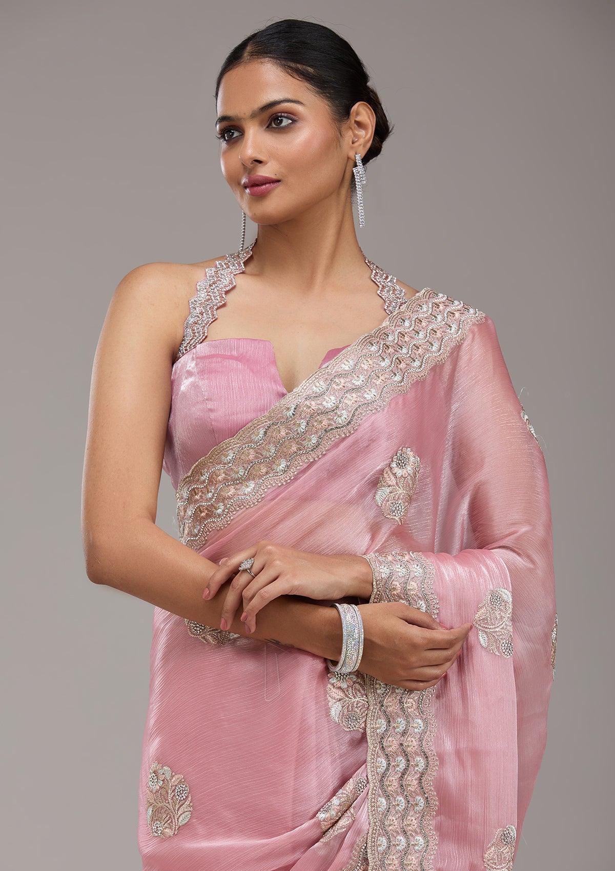 Baby Pink Zariwork Tissue Saree-Koskii