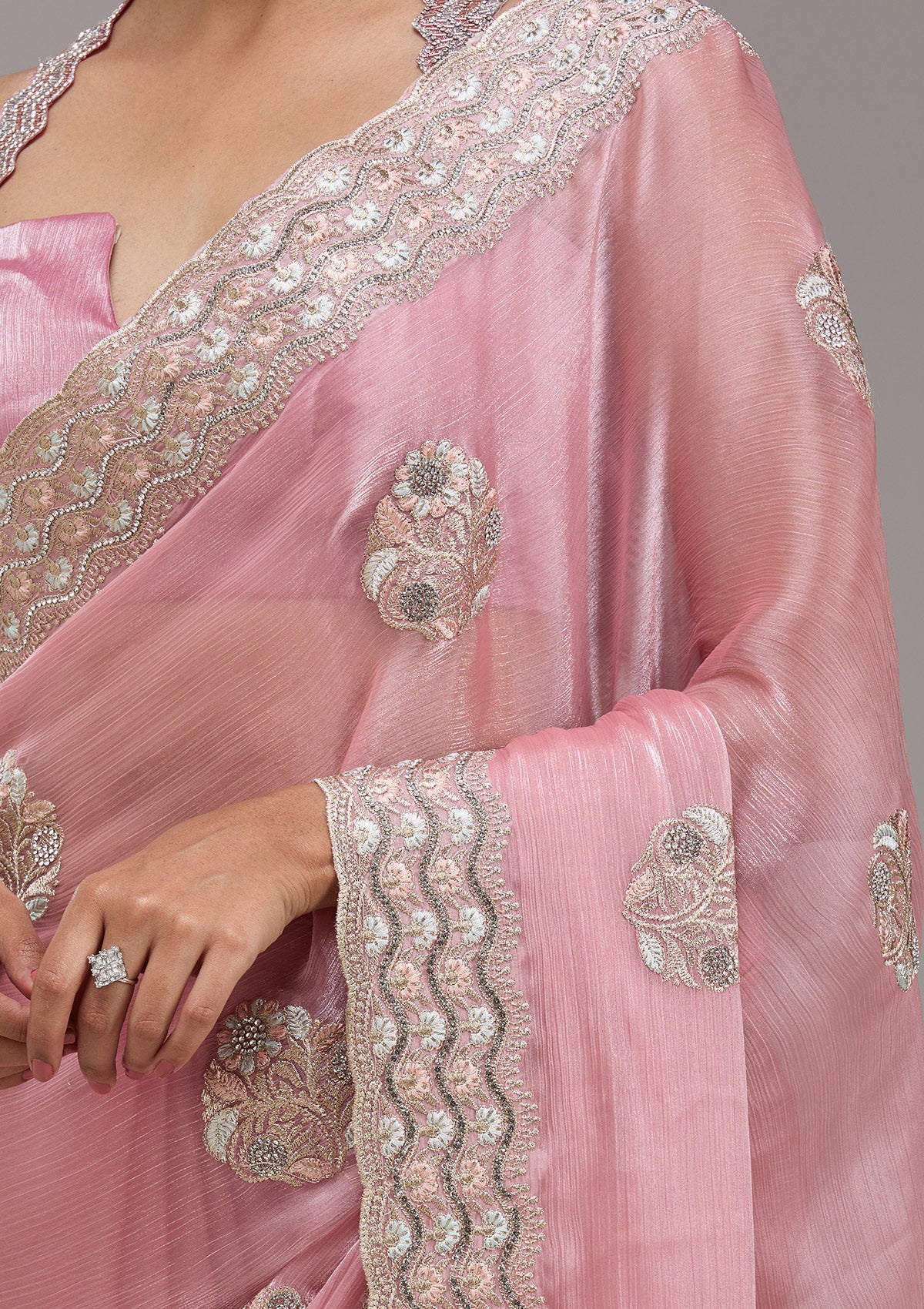 Baby Pink Zariwork Tissue Saree-Koskii