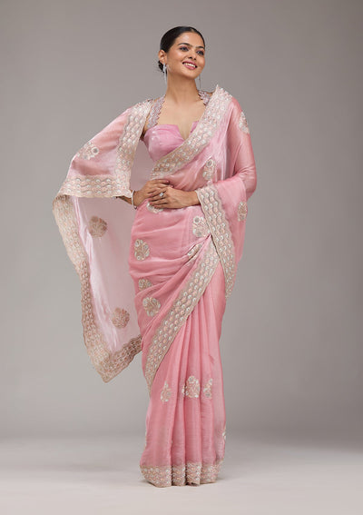 Baby Pink Zariwork Tissue Saree-Koskii