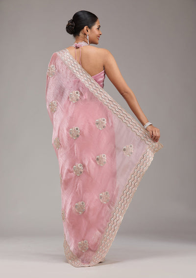 Baby Pink Zariwork Tissue Saree-Koskii