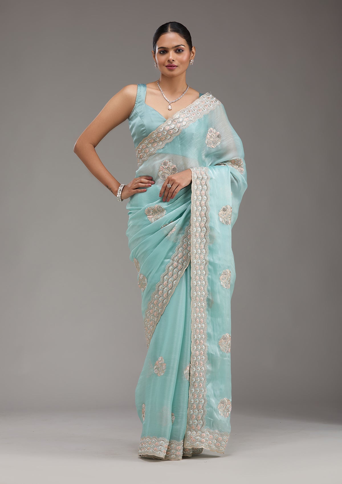 Sky Blue Zariwork Tissue Saree-Koskii