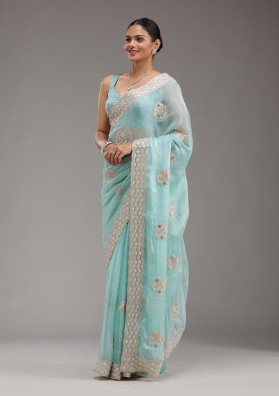 Sky Blue Zariwork Tissue Saree-Koskii