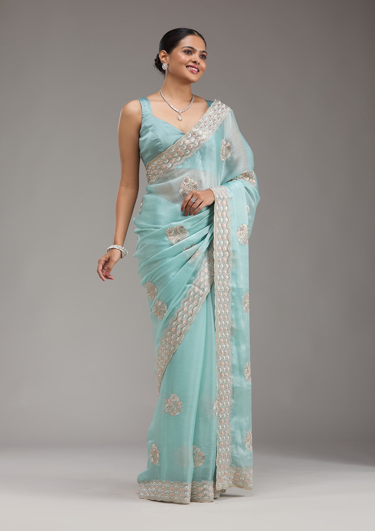 Sky Blue Zariwork Tissue Saree-Koskii