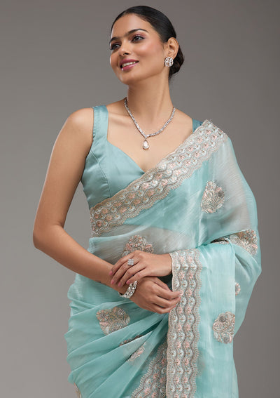 Sky Blue Zariwork Tissue Saree-Koskii