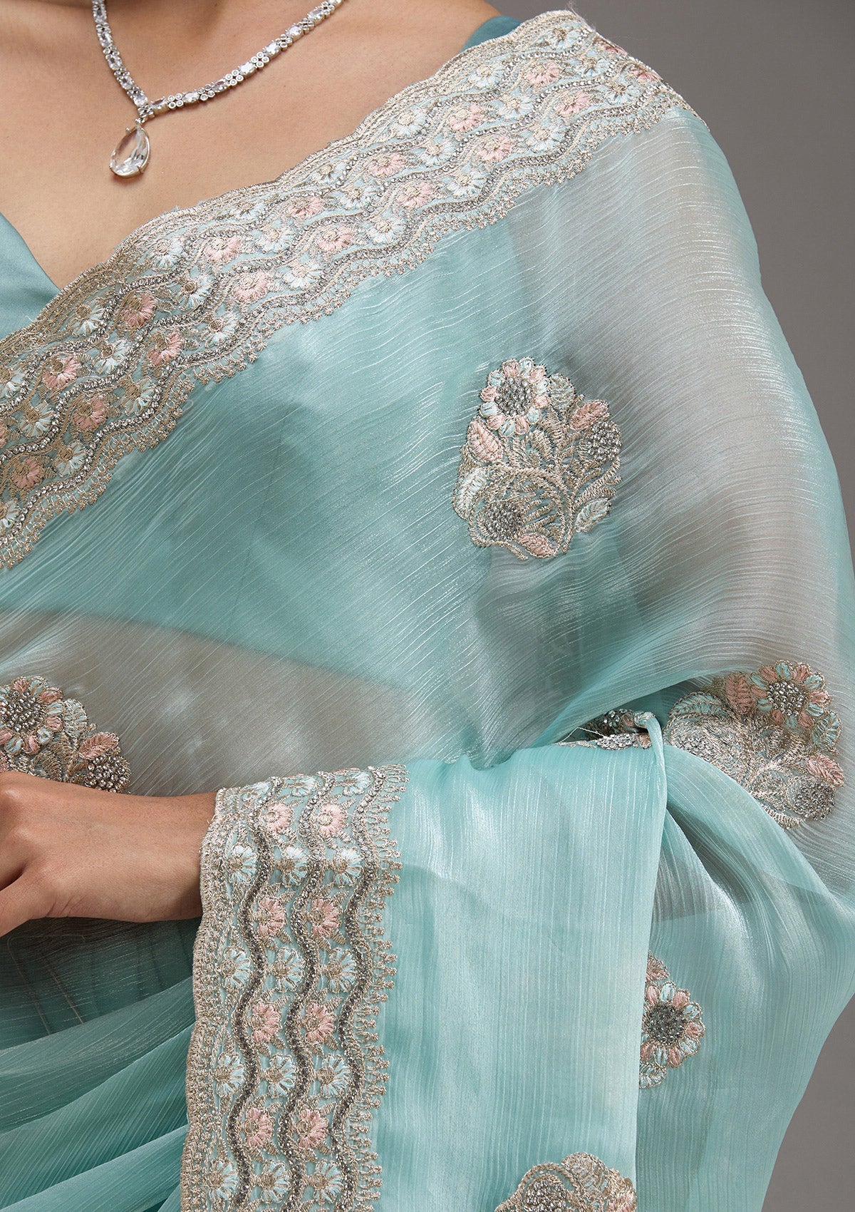 Sky Blue Zariwork Tissue Saree-Koskii