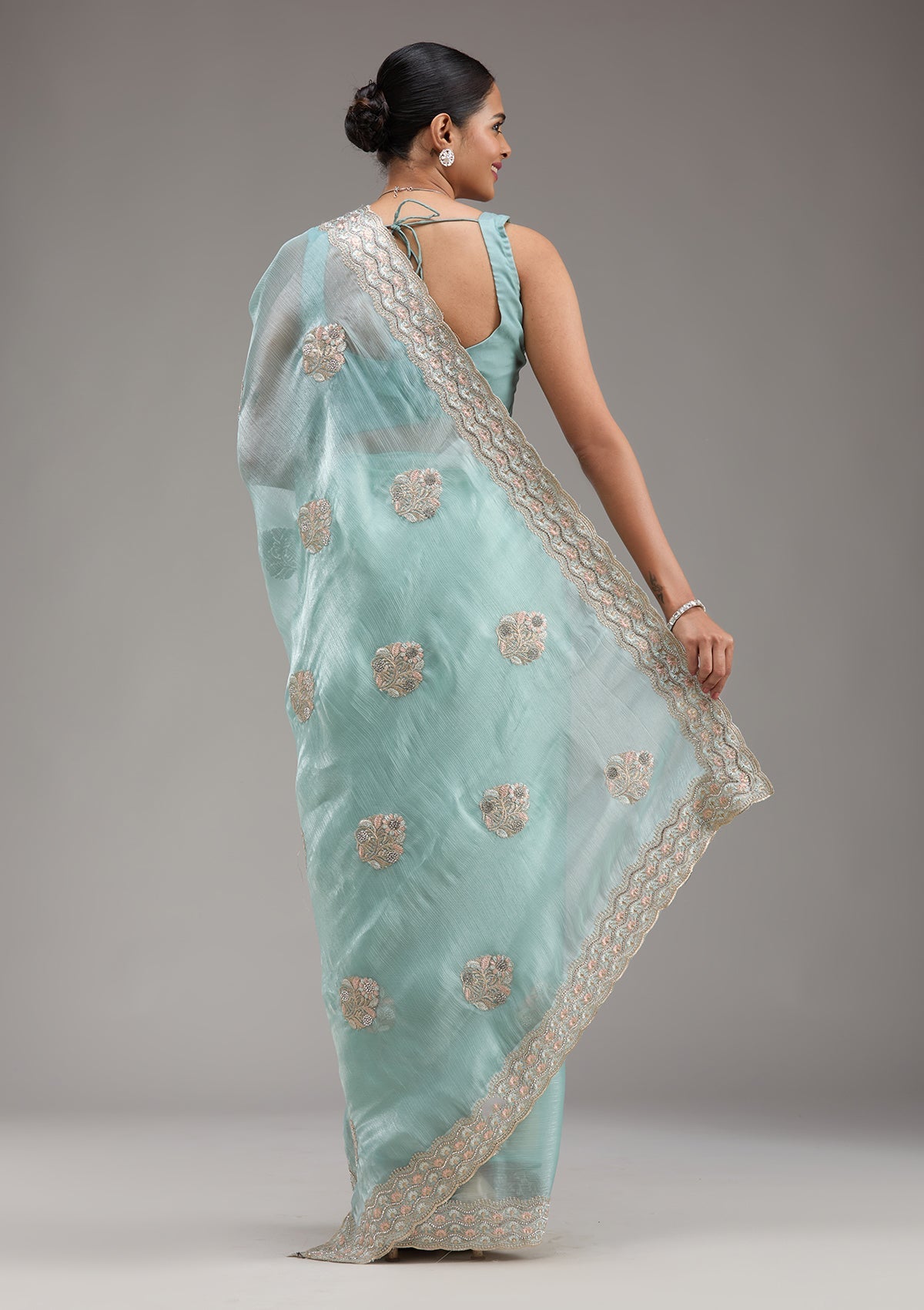 Sky Blue Zariwork Tissue Saree-Koskii