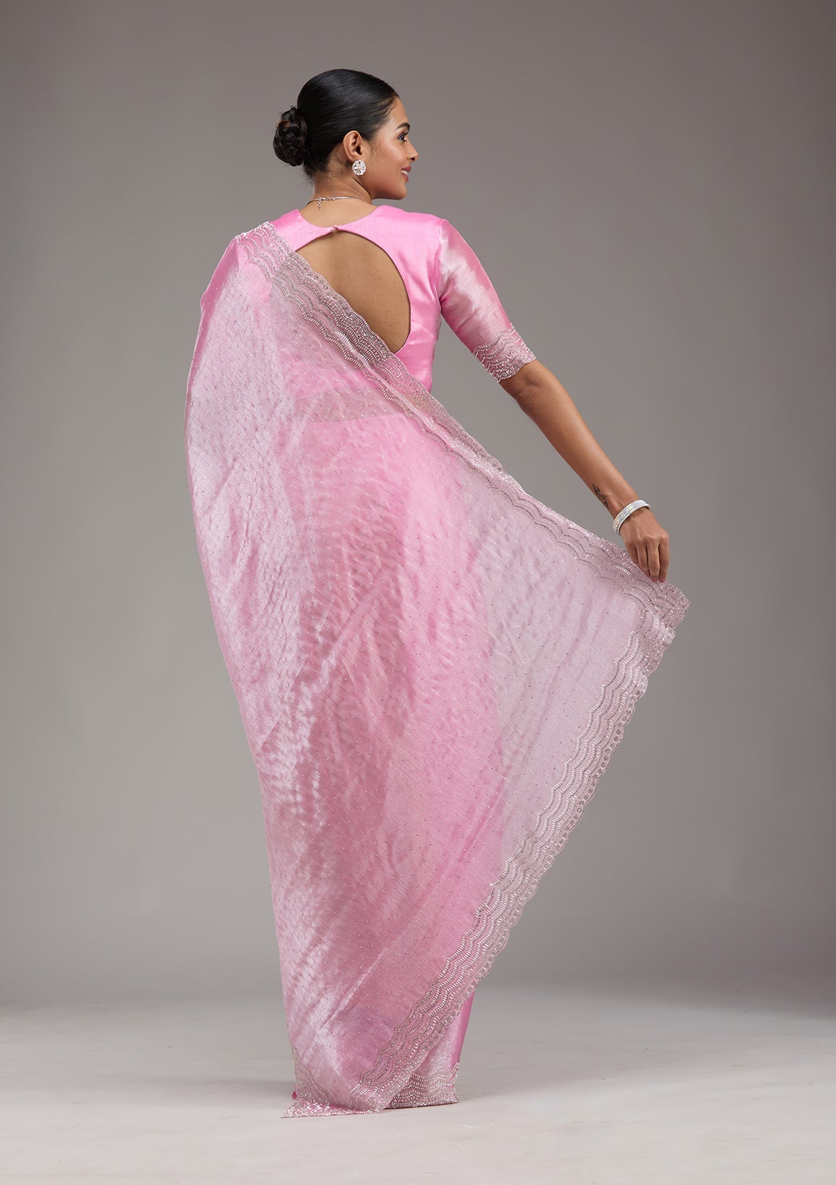 Pink Stonework Chiffon Saree-Koskii