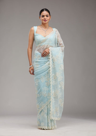 Sky Blue Threadwork Chiffon Saree-Koskii