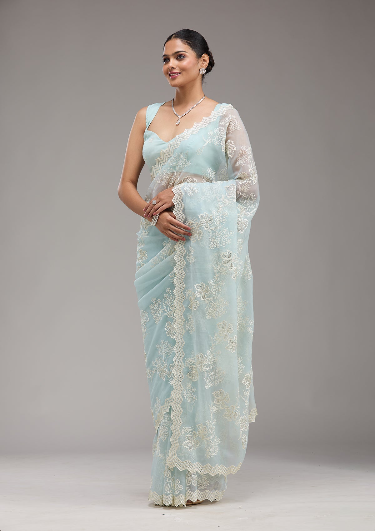 Sky Blue Threadwork Chiffon Saree-Koskii