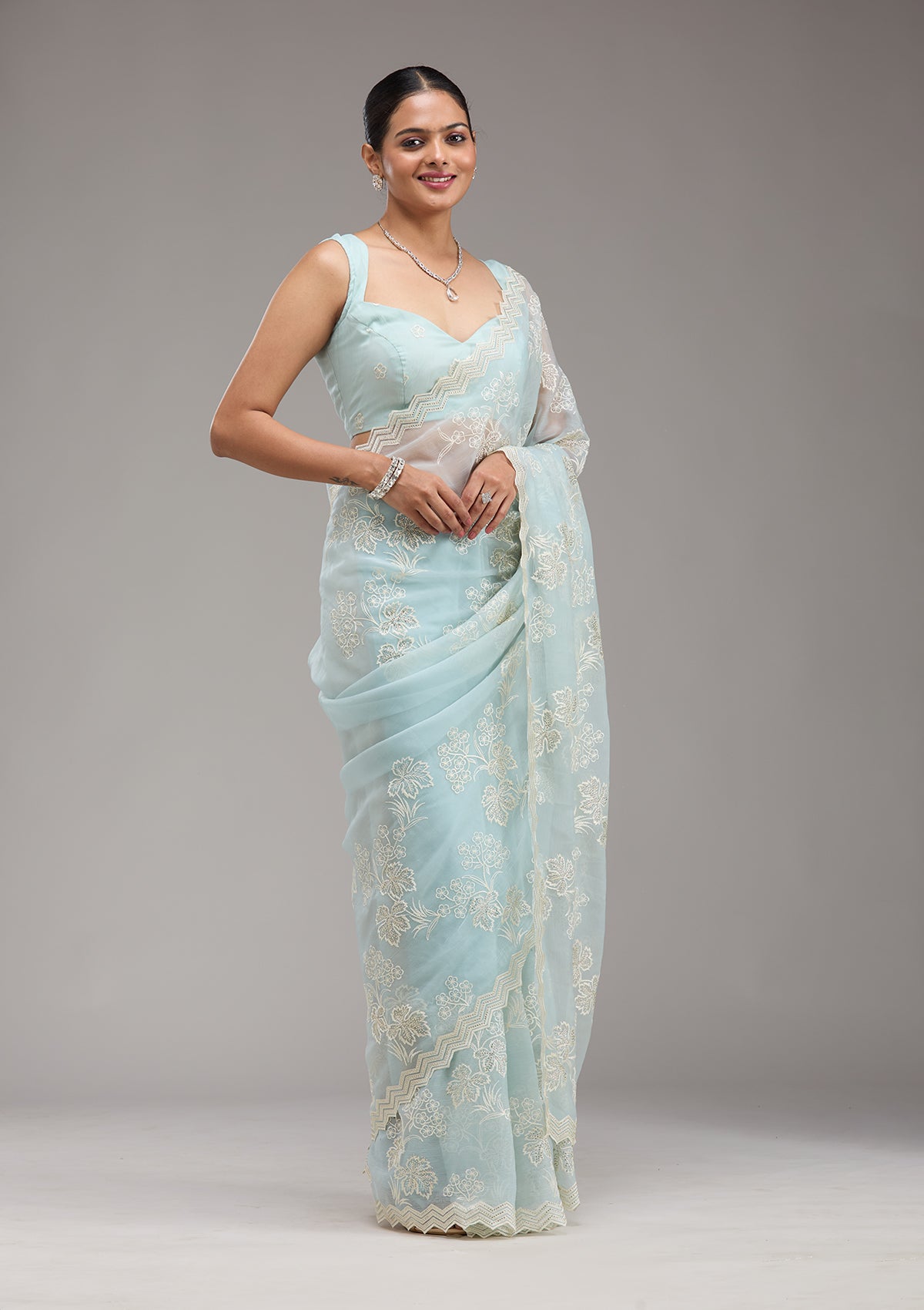 Sky Blue Threadwork Chiffon Saree-Koskii