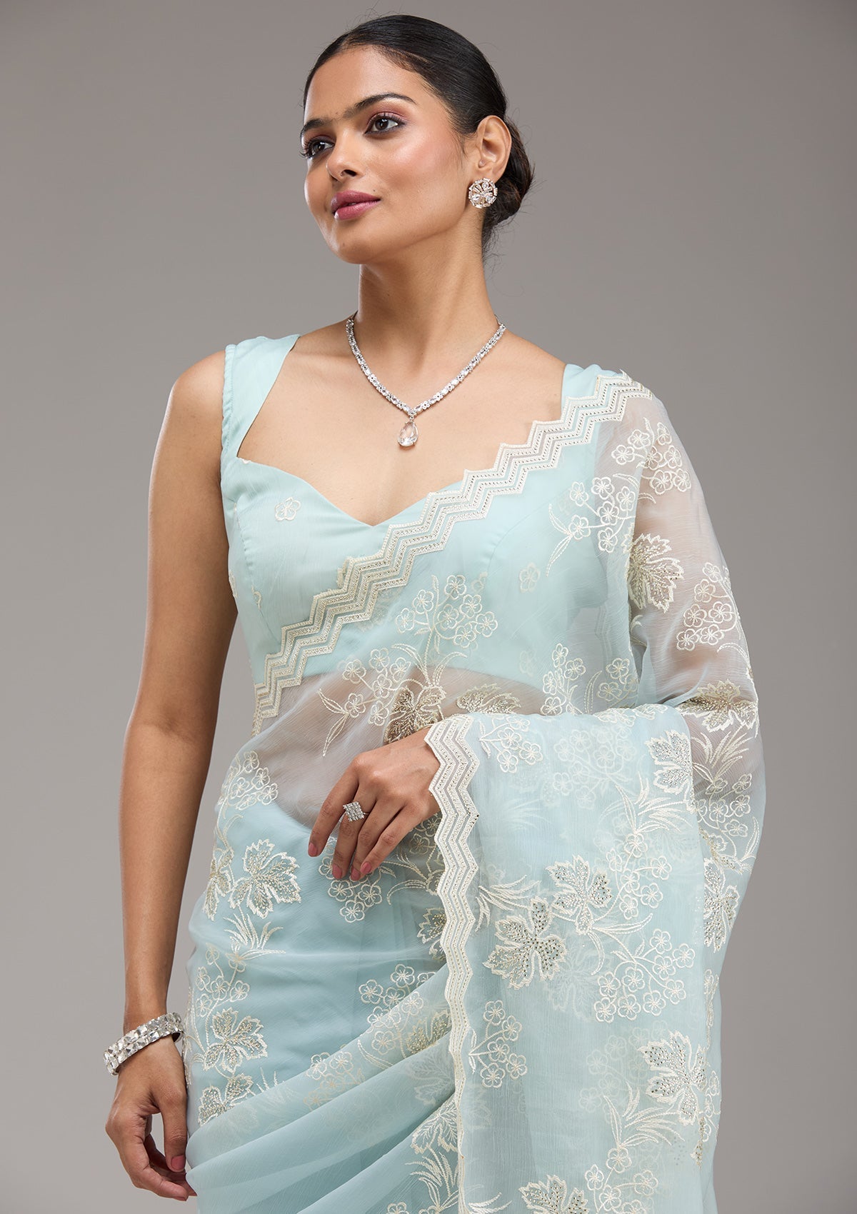 Sky Blue Threadwork Chiffon Saree-Koskii