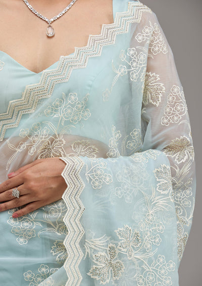 Sky Blue Threadwork Chiffon Saree-Koskii