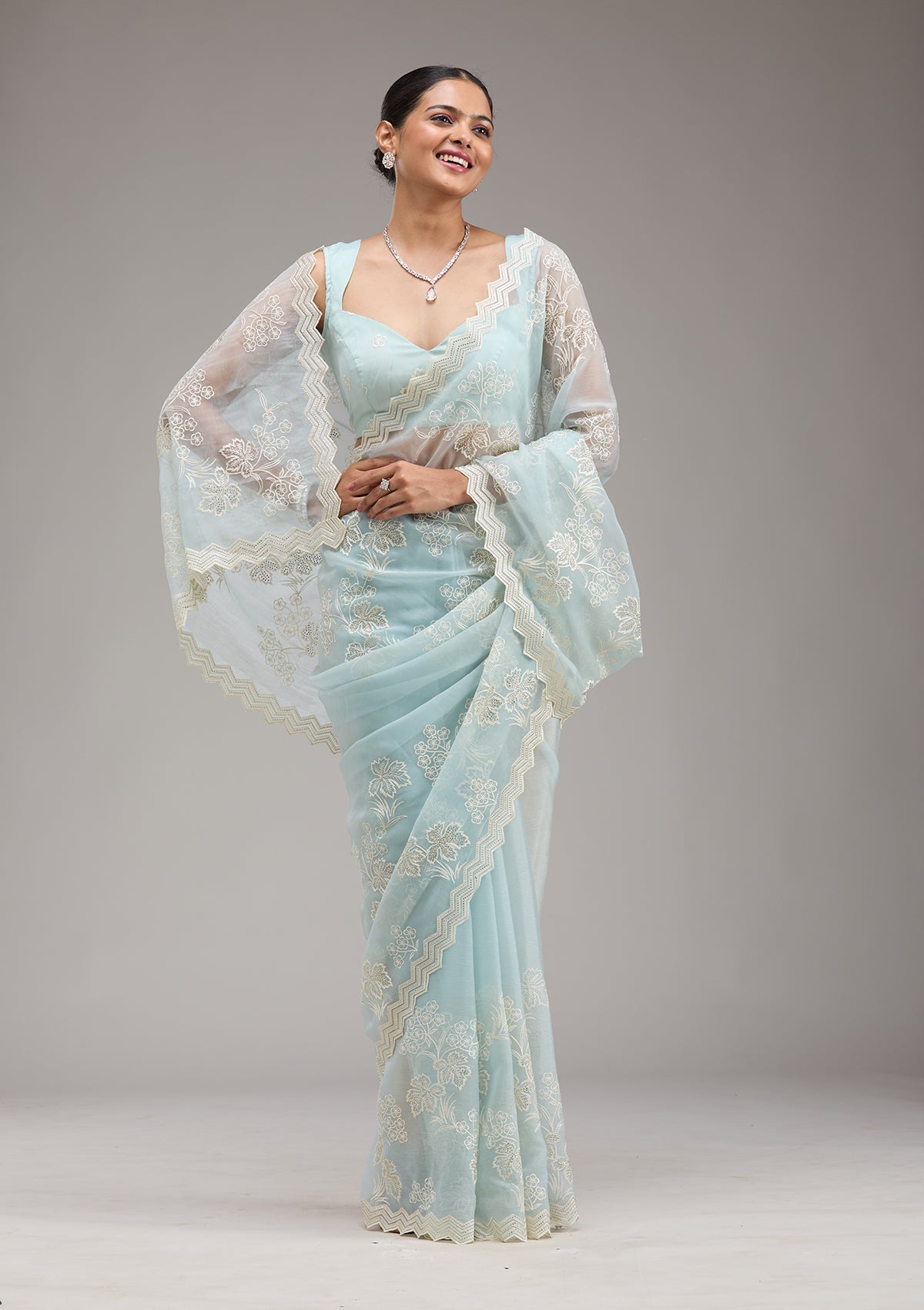 Sky Blue Threadwork Chiffon Saree-Koskii