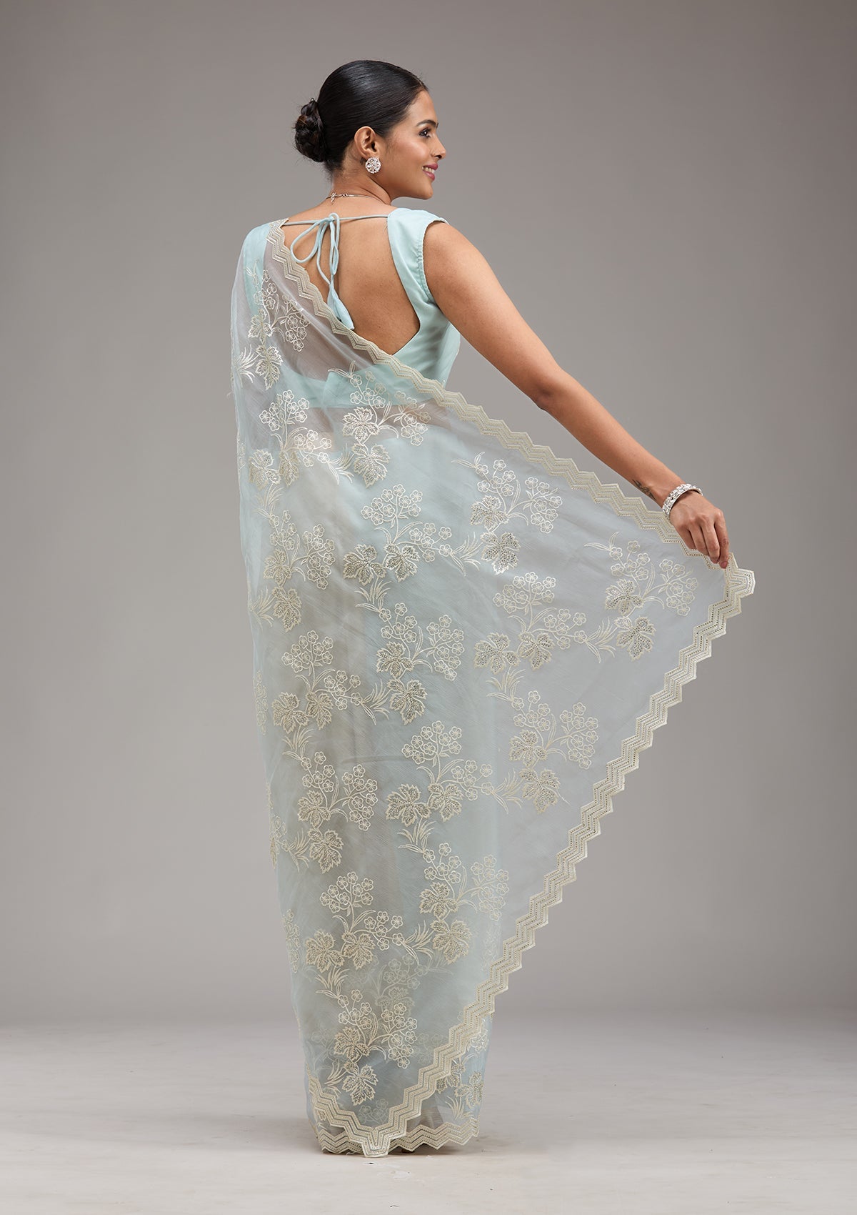 Sky Blue Threadwork Chiffon Saree-Koskii