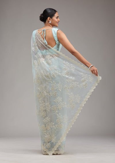 Sky Blue Threadwork Chiffon Saree-Koskii