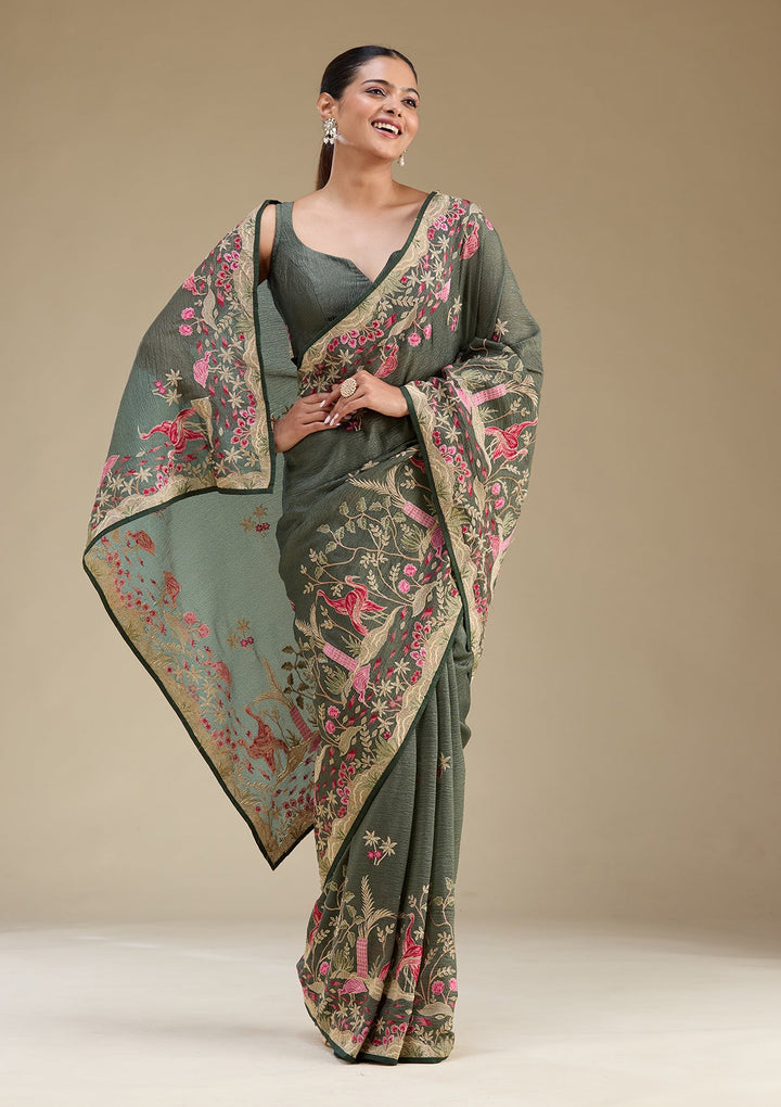 Onion Pink Zariwork Tissue Readymade Lehenga-Koskii
