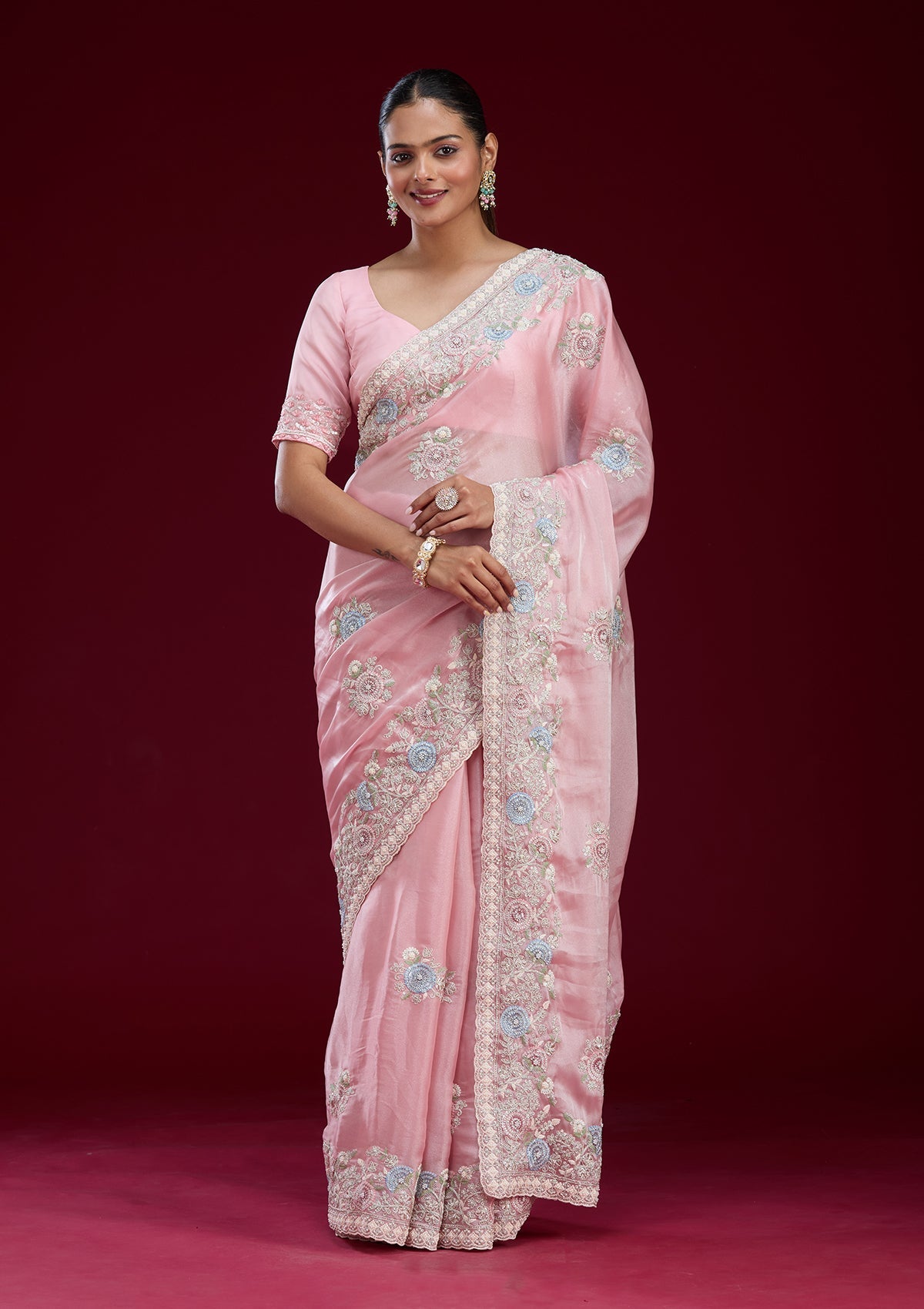 Cream Cutdana Chiffon Saree-Koskii