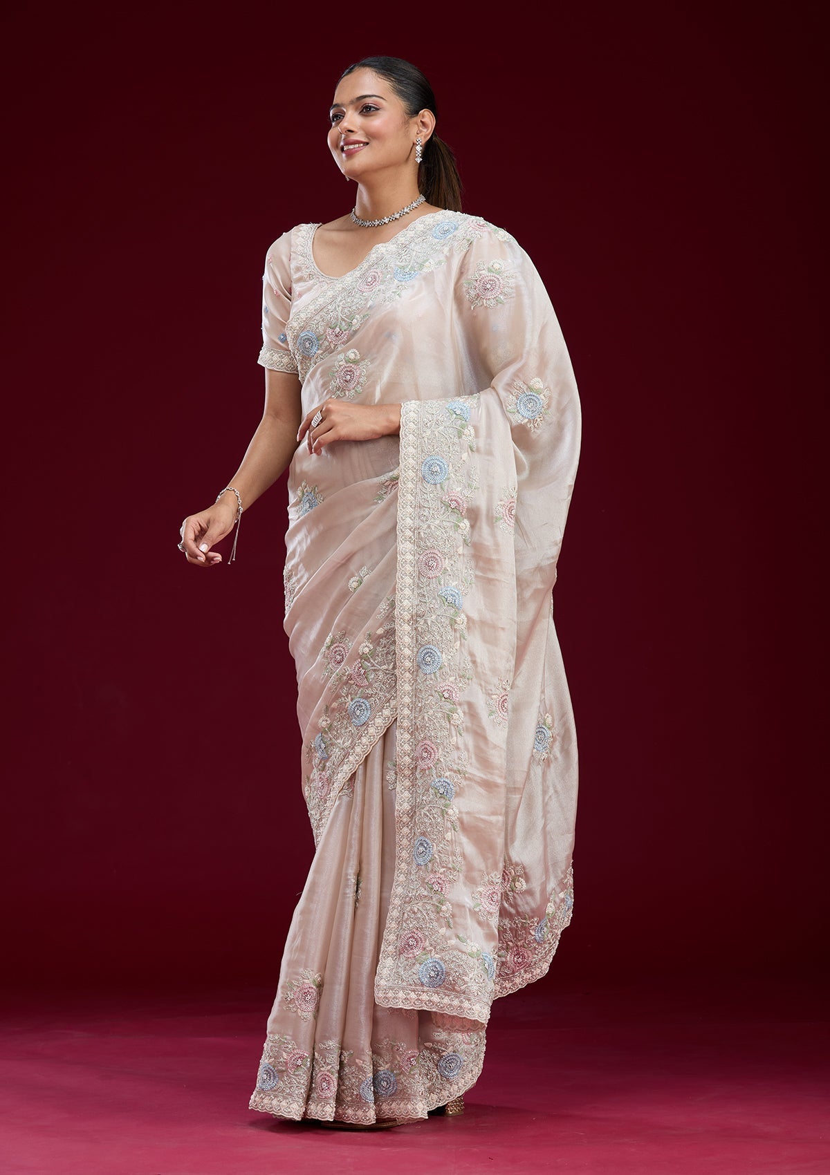 Peacock Green Stonework Satin Saree-Koskii